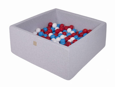 Vierkante ballenbak - Licht grijs met Rode, Witte en Blauwe ballen